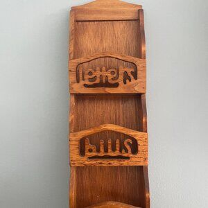 Vintage Wooden Wall Organizer Letters Mail Bills Misc Key Holder